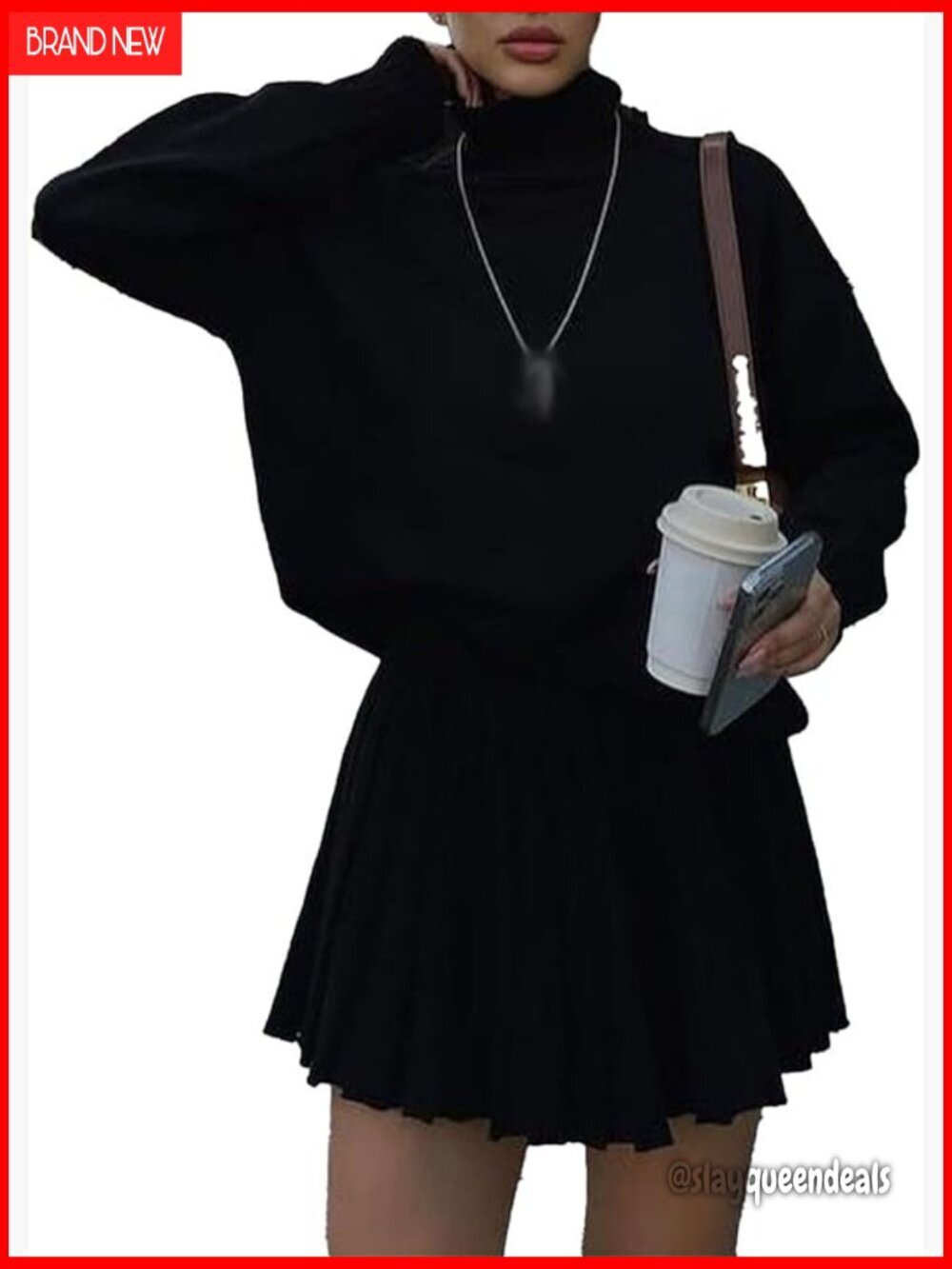 Large Turtleneck Sweater and Pleated Skirt Set, Cotton Blend, Athleisure Outfit